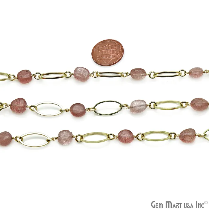 GemMartUSA Necklaces Strawberry Quartz With Gold Plated Oval Finding Rosary Chain GemMartUSA Necklaces Strawberry Quartz With Gold Plated Oval Finding Rosary Chain