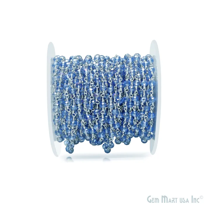 GemMartUSA Rings Blue Zircon 4mm Faceted Beads Silver Wire Wrapped Rosary