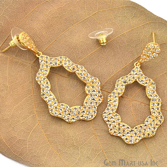 Gold Vermeil Studded With Micro Pave White Topaz 53x27mm Dangle Earring GemMartUSA Earrings