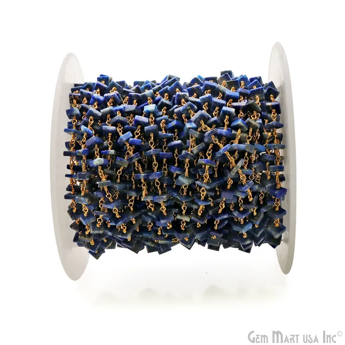 Lapis Square Beads 45mm Gold Wire Wrapped Rosary Chain GemMartUSA Necklaces