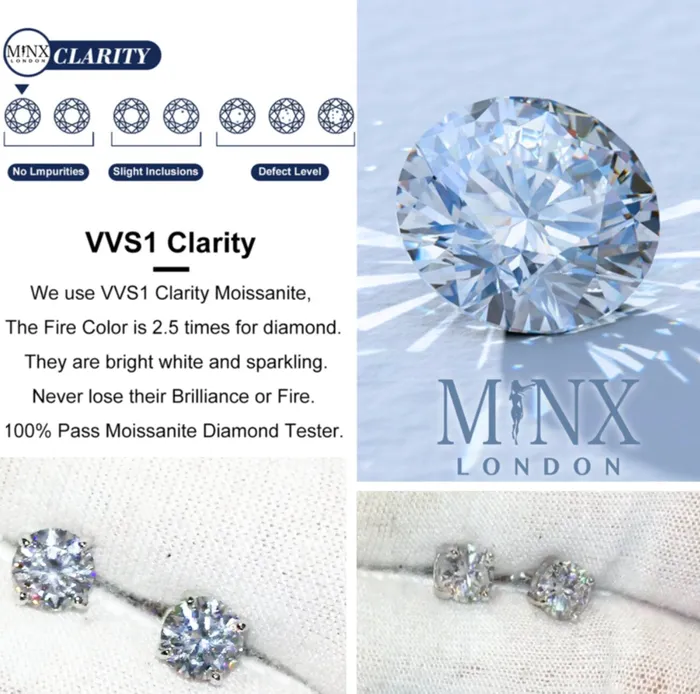 Minx London Earrings VVS1 Round Diamond Ear Studs Moissanite Diamond Ear Studs Iced Out Ear Studs Diamond Ear Studs Moissanite Earrings Ear Studs