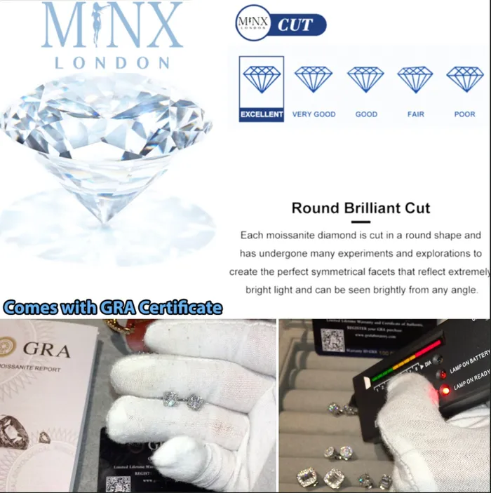 Minx London Earrings VVS1 Round Diamond Ear Studs Moissanite Diamond Ear Studs Iced Out Ear Studs Diamond Ear Studs Moissanite Earrings Ear Studs