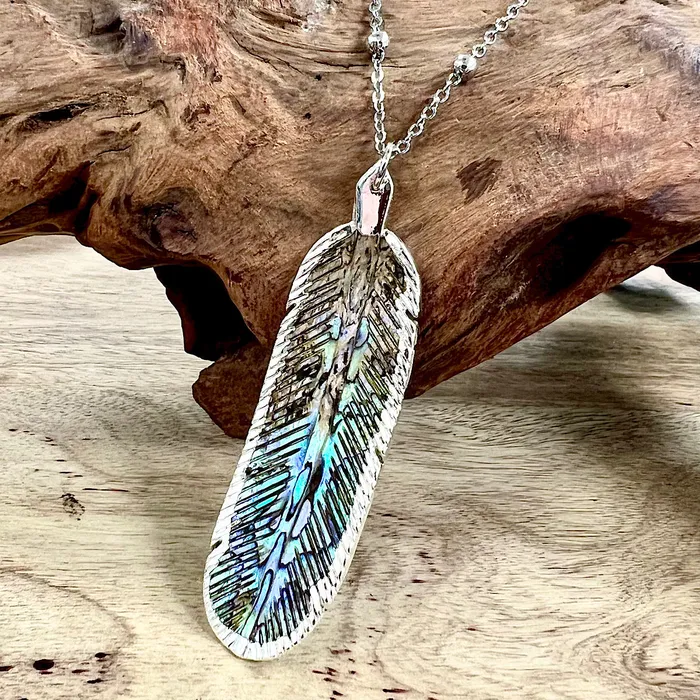 Natural Luxury Abalone Carved Feather XL Pendant 30 White Gold Necklace Lily Rose Jewelry Necklaces Natural Luxury Abalone Carved Feather XL Pendant 30 White Gold Necklace Lily Rose Jewelry Necklaces