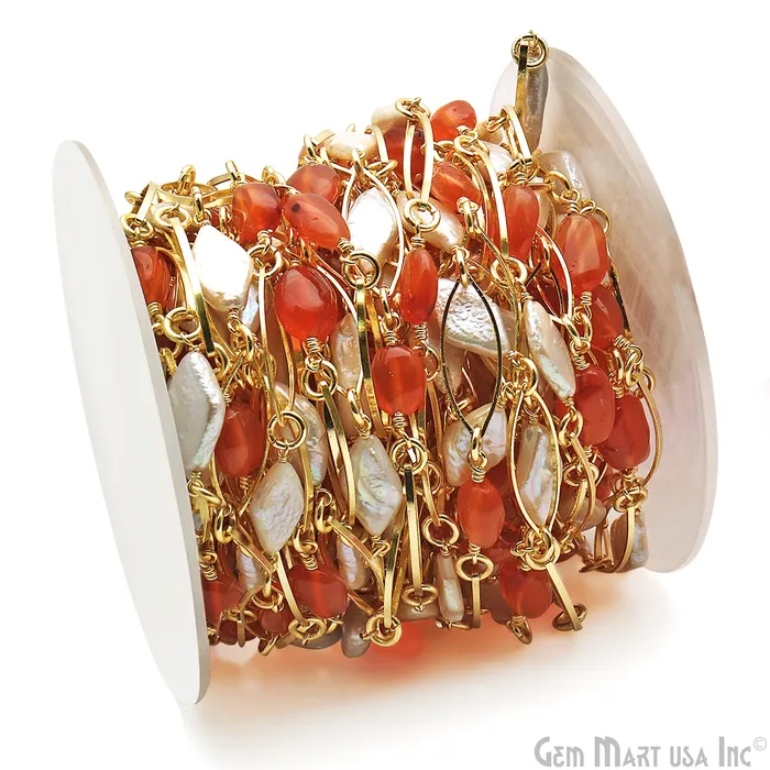 Necklaces GemMartUSA Carnelian Pearl With Gold Marquise Finding Rosary Chain