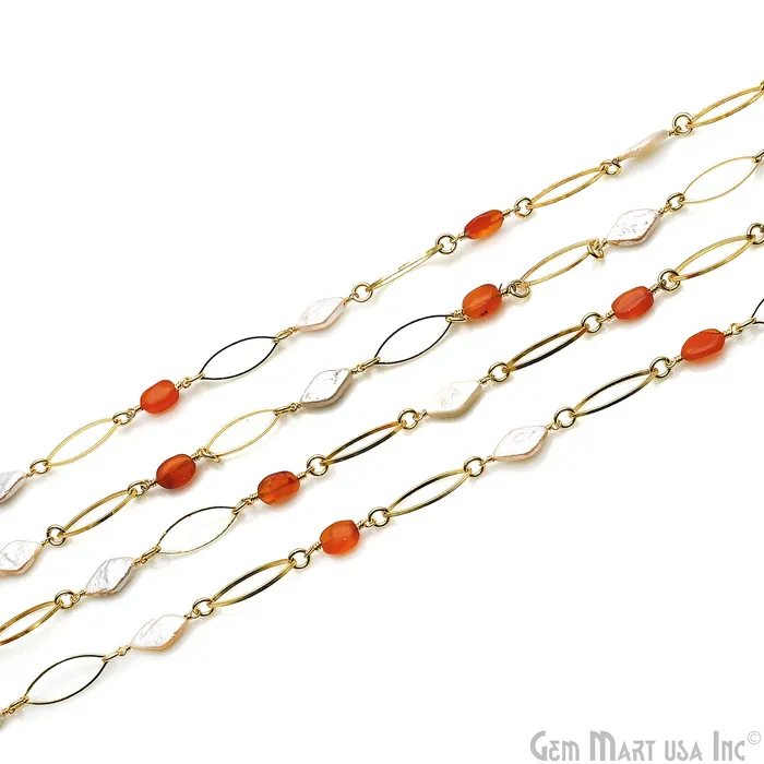 Necklaces GemMartUSA Carnelian Pearl With Gold Marquise Finding Rosary Chain Necklaces GemMartUSA Carnelian Pearl With Gold Marquise Finding Rosary Chain