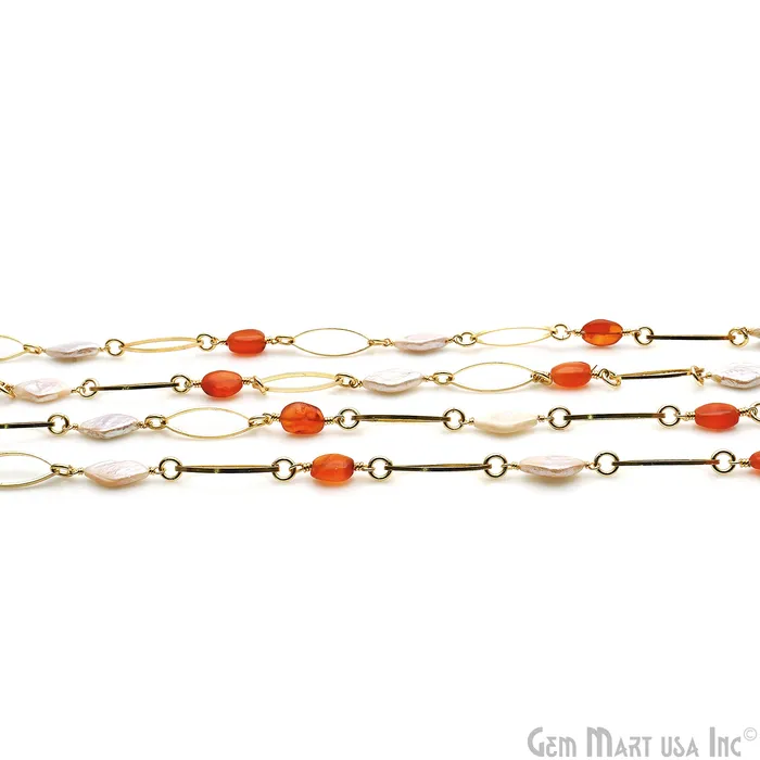 Necklaces GemMartUSA Carnelian Pearl With Gold Marquise Finding Rosary Chain Necklaces GemMartUSA Carnelian Pearl With Gold Marquise Finding Rosary Chain
