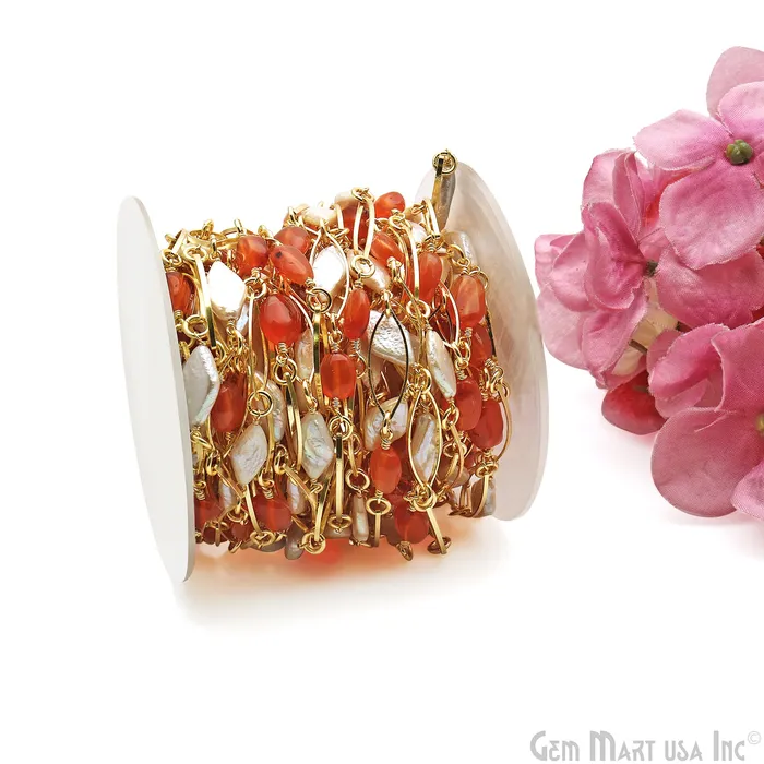 Necklaces GemMartUSA Carnelian Pearl With Gold Marquise Finding Rosary Chain Necklaces GemMartUSA Carnelian Pearl With Gold Marquise Finding Rosary Chain