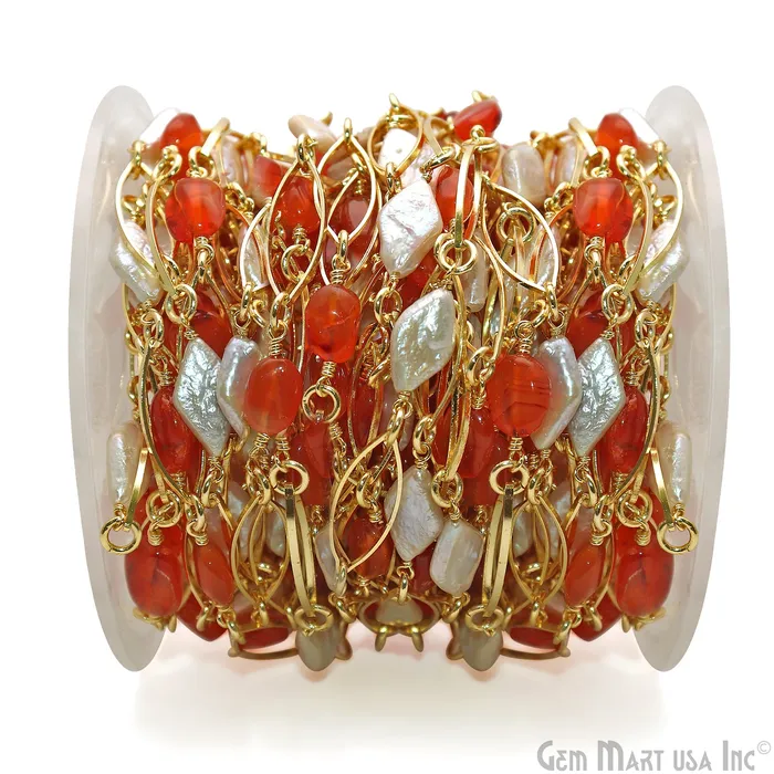 Necklaces GemMartUSA Carnelian Pearl With Gold Marquise Finding Rosary Chain Necklaces GemMartUSA Carnelian Pearl With Gold Marquise Finding Rosary Chain