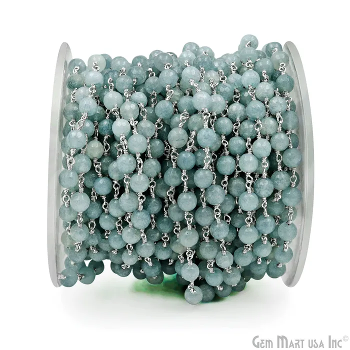 Necklaces GemMartUSA Gray Jade 6mm Faceted Beads Silver Wire Wrapped Rosary Chain Necklaces GemMartUSA Gray Jade 6mm Faceted Beads Silver Wire Wrapped Rosary Chain