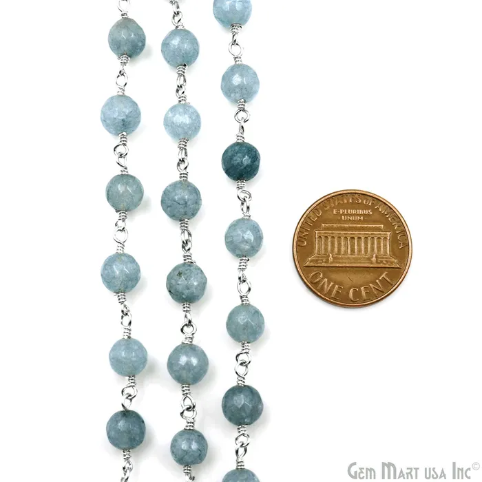 Necklaces GemMartUSA Gray Jade 6mm Faceted Beads Silver Wire Wrapped Rosary Chain