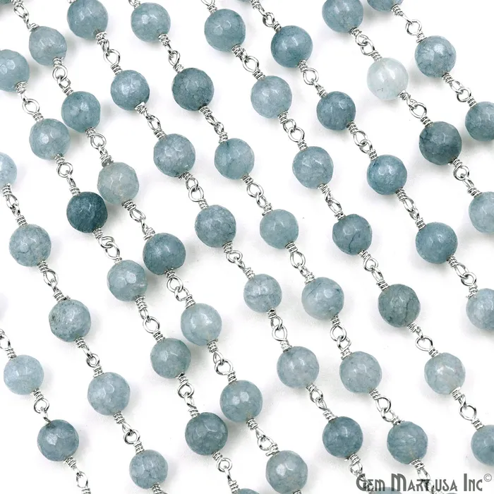 Necklaces GemMartUSA Gray Jade 6mm Faceted Beads Silver Wire Wrapped Rosary Chain