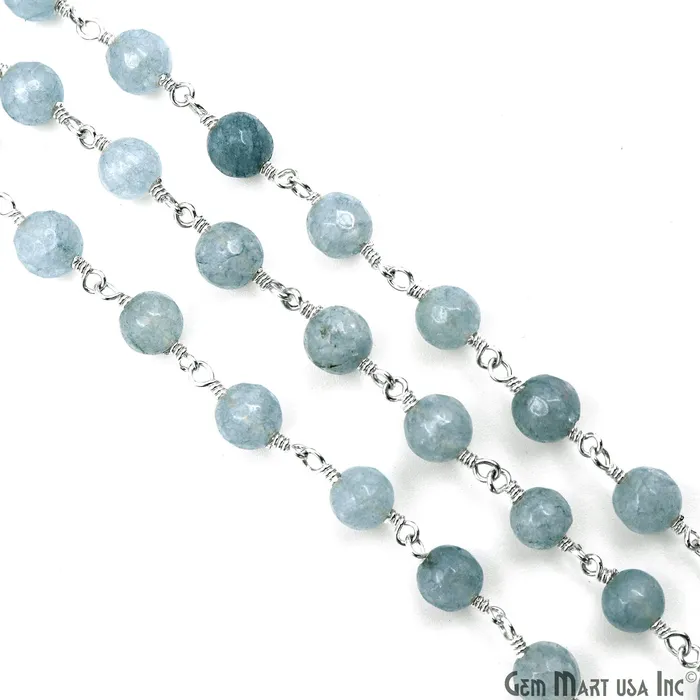 Necklaces GemMartUSA Gray Jade 6mm Faceted Beads Silver Wire Wrapped Rosary Chain