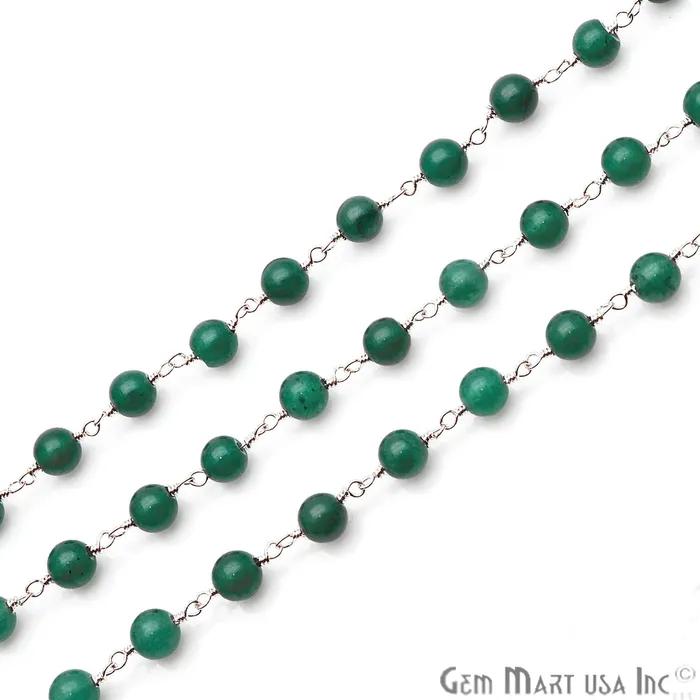 Necklaces GemmartUSA Green Jade Smooth Beads 6mm Silver Plated Wire Wrapped Rosary Chain Necklaces GemmartUSA Green Jade Smooth Beads 6mm Silver Plated Wire Wrapped Rosary Chain