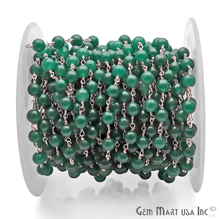 Necklaces GemmartUSA Green Jade Smooth Beads 6mm Silver Plated Wire Wrapped Rosary Chain Necklaces GemmartUSA Green Jade Smooth Beads 6mm Silver Plated Wire Wrapped Rosary Chain