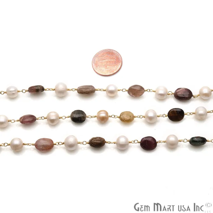 Necklaces GemMartUSA Multi Tourmaline 10x6mm Pearl 78mm Gold Plated Wire Wrapped Rosary Chain