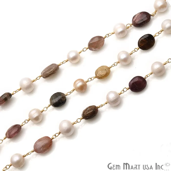 Necklaces GemMartUSA Multi Tourmaline 10x6mm Pearl 78mm Gold Plated Wire Wrapped Rosary Chain