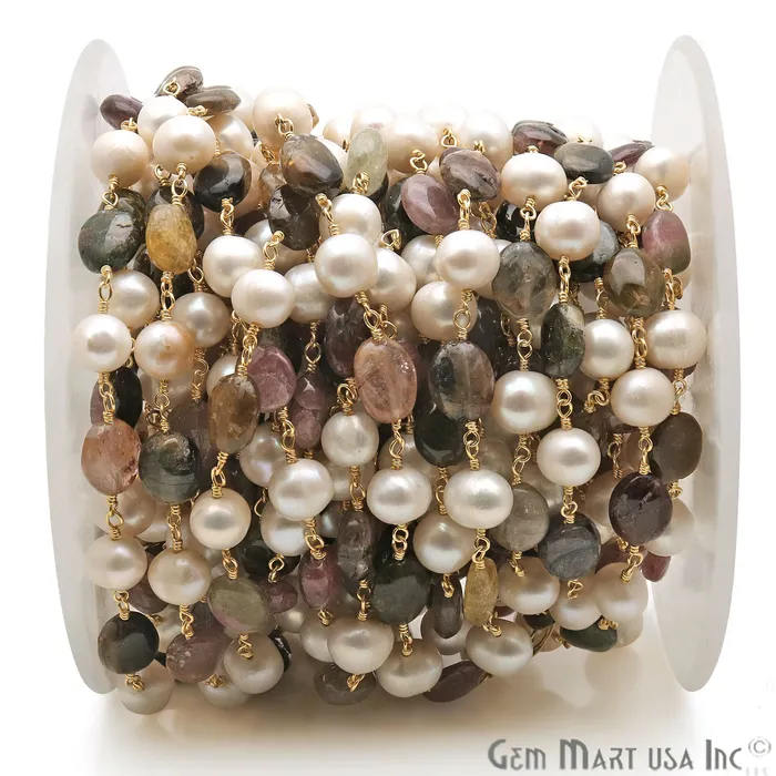 Necklaces GemMartUSA Multi Tourmaline 10x6mm Pearl 78mm Gold Plated Wire Wrapped Rosary Chain