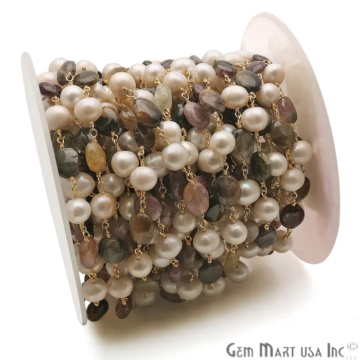 Necklaces GemMartUSA Multi Tourmaline 10x6mm Pearl 78mm Gold Plated Wire Wrapped Rosary Chain