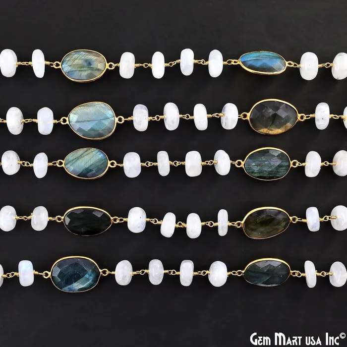 Necklaces GemMartUSA Rainbow Moonstone Beads Labradorite Bezel Connector Gold Plated Rosary Chain Necklaces GemMartUSA Rainbow Moonstone Beads Labradorite Bezel Connector Gold Plated Rosary Chain
