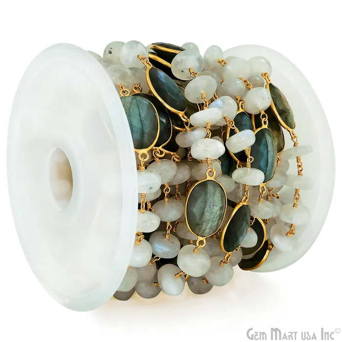 Necklaces GemMartUSA Rainbow Moonstone Beads Labradorite Bezel Connector Gold Plated Rosary Chain Necklaces GemMartUSA Rainbow Moonstone Beads Labradorite Bezel Connector Gold Plated Rosary Chain
