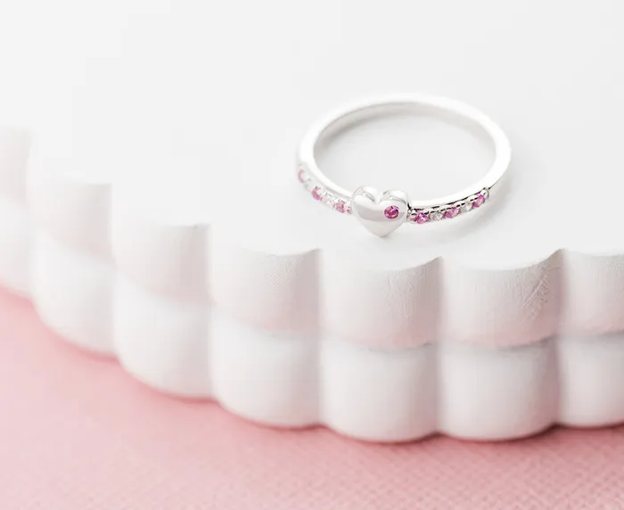 Rings Cherished Moments Little Girls Sterling Silver Puff Heart Ring with Pink and Clear CZs