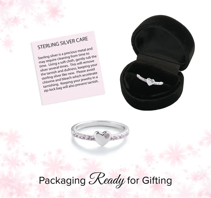 Rings Cherished Moments Little Girls Sterling Silver Puff Heart Ring with Pink and Clear CZs