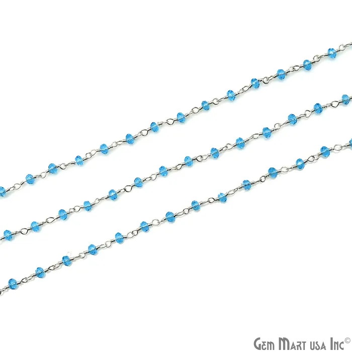 Rings GemMartUSA Blue Zircon Faceted 335mm Silver Plated Beaded Wire Wrapped Rosary Chain