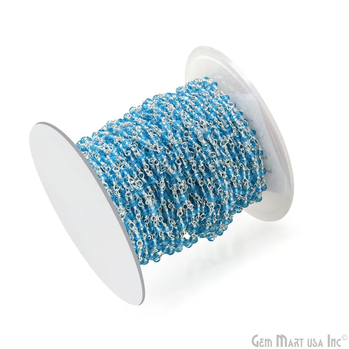 Rings GemMartUSA Blue Zircon Faceted 335mm Silver Plated Beaded Wire Wrapped Rosary Chain
