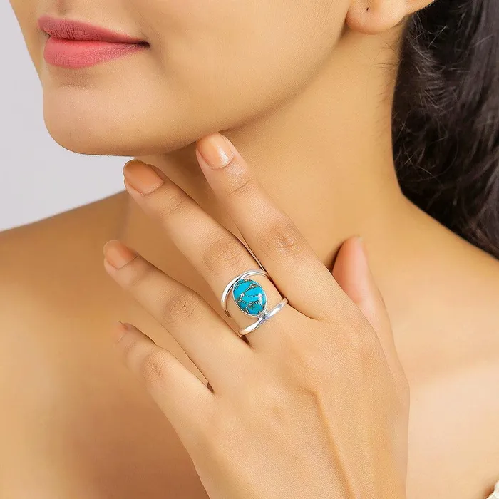 Rings YoTreasure Blue Copper Turquoise Solid 925 Sterling Silver Bypass Ring Jewelry