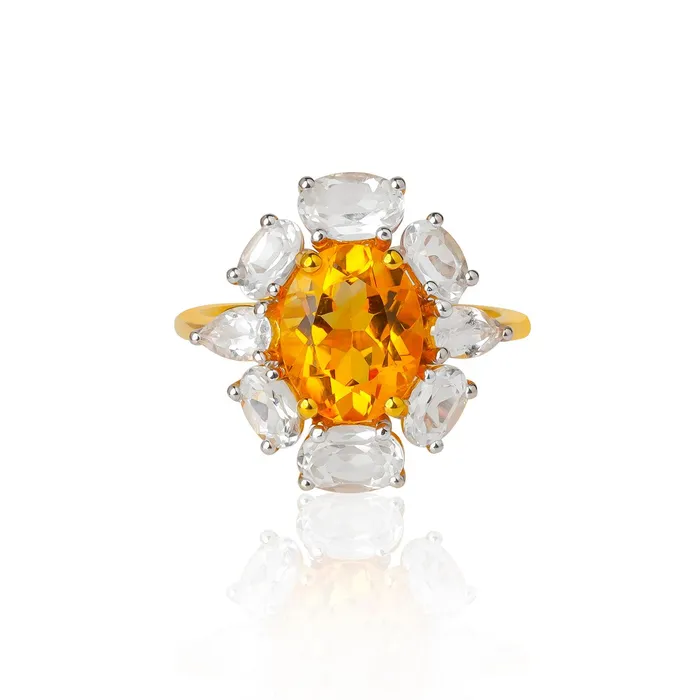 Rings YoTreasure Citrine White Topaz Ring in Gold Over 925 Sterling Silver