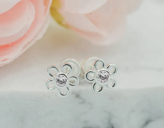Sterling Silver Clear Outline Daisy Earrings for Little Girls Cherished Moments Earrings