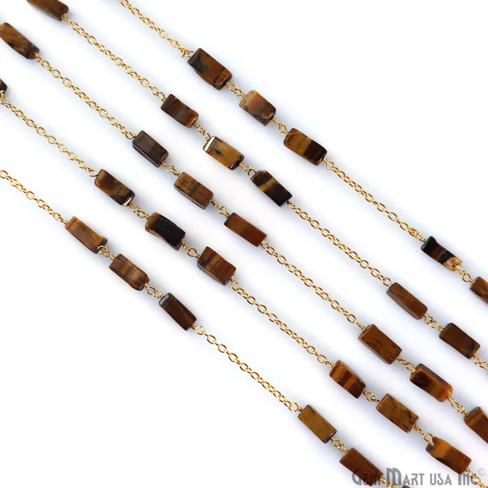 Tiger Eye 9x4mm Rectangle Beads Gold Plated Catholic Rosary Chain GemMartUSA Necklaces Tiger Eye 9x4mm Rectangle Beads Gold Plated Catholic Rosary Chain GemMartUSA Necklaces