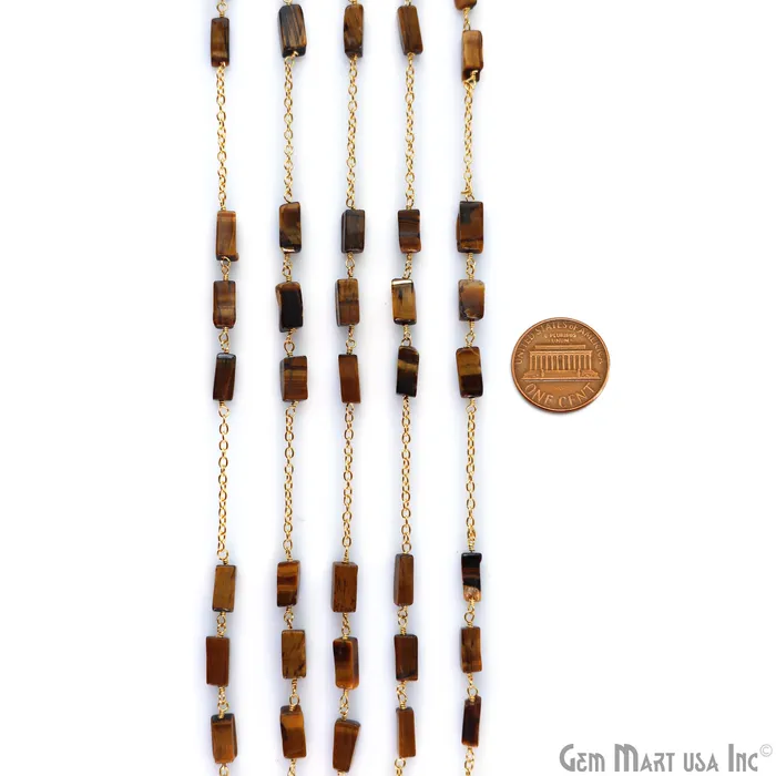 Tiger Eye 9x4mm Rectangle Beads Gold Plated Catholic Rosary Chain GemMartUSA Necklaces Tiger Eye 9x4mm Rectangle Beads Gold Plated Catholic Rosary Chain GemMartUSA Necklaces