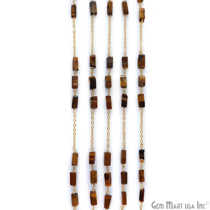 Tiger Eye 9x4mm Rectangle Beads Gold Plated Catholic Rosary Chain GemMartUSA Necklaces Tiger Eye 9x4mm Rectangle Beads Gold Plated Catholic Rosary Chain GemMartUSA Necklaces