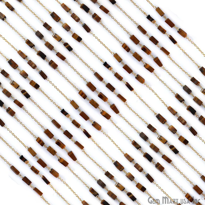 Tiger Eye 9x4mm Rectangle Beads Gold Plated Catholic Rosary Chain GemMartUSA Necklaces Tiger Eye 9x4mm Rectangle Beads Gold Plated Catholic Rosary Chain GemMartUSA Necklaces