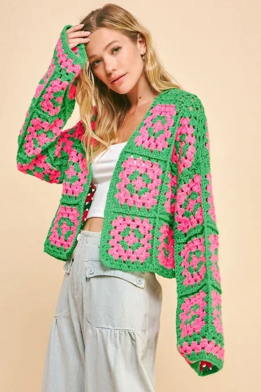 Trendsi Rings Davi Dani Full Size Two Tone Flower Square Crochet Open Front Cardigan Trendsi Rings Davi Dani Full Size Two Tone Flower Square Crochet Open Front Cardigan