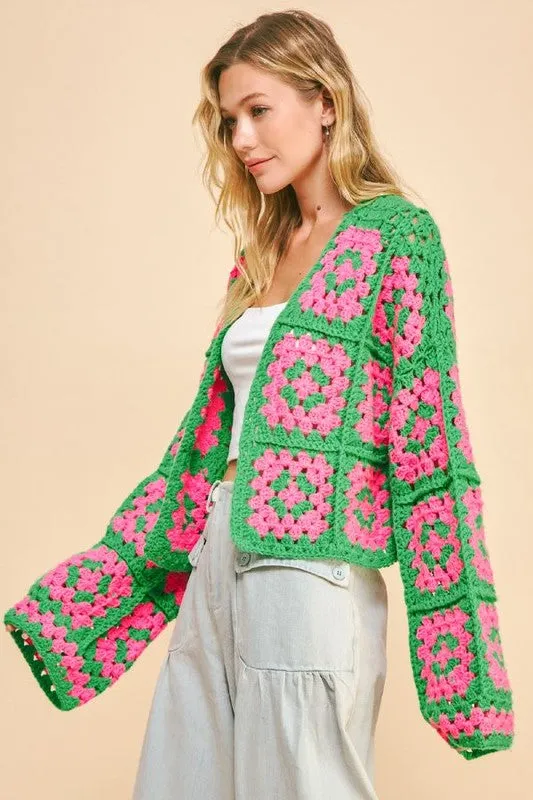 Trendsi Rings Davi Dani Full Size Two Tone Flower Square Crochet Open Front Cardigan