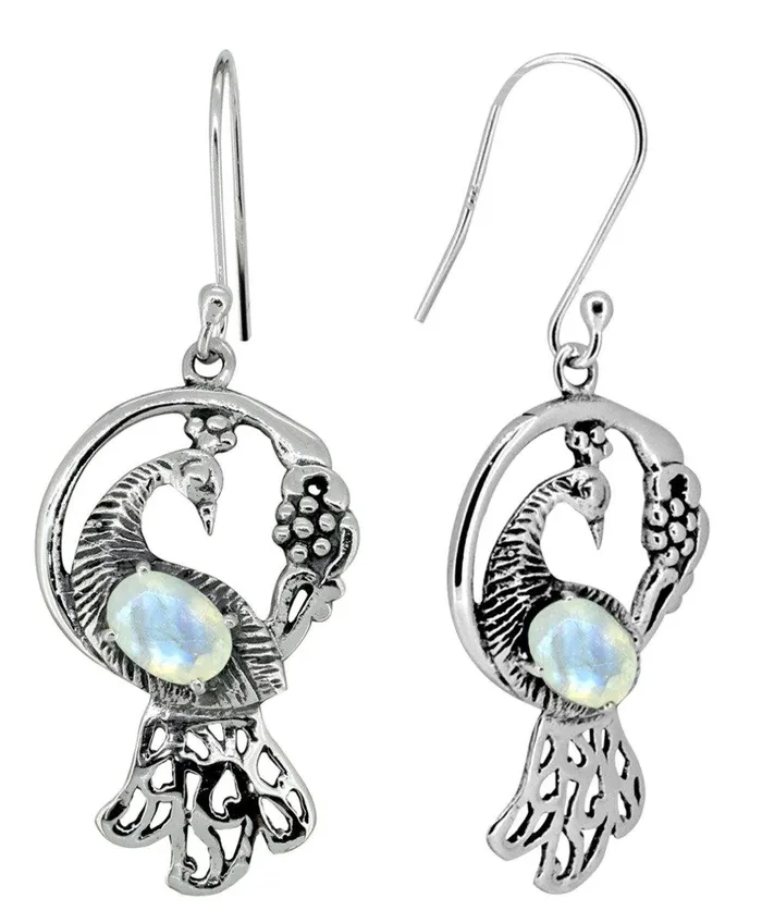 YoTreasure Earrings Moonstone Solid 925 Sterling Silver Peacock Earrings