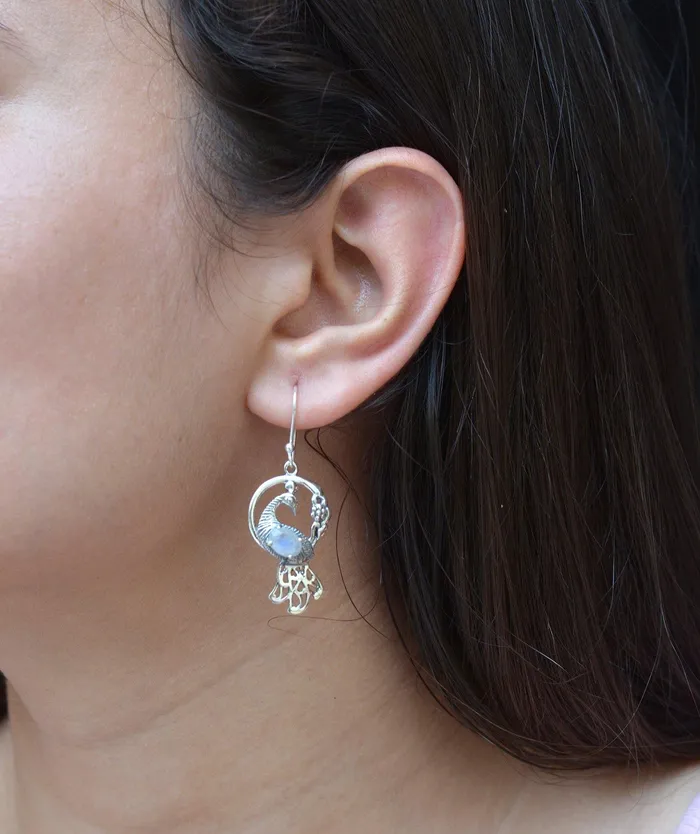 YoTreasure Earrings Moonstone Solid 925 Sterling Silver Peacock Earrings