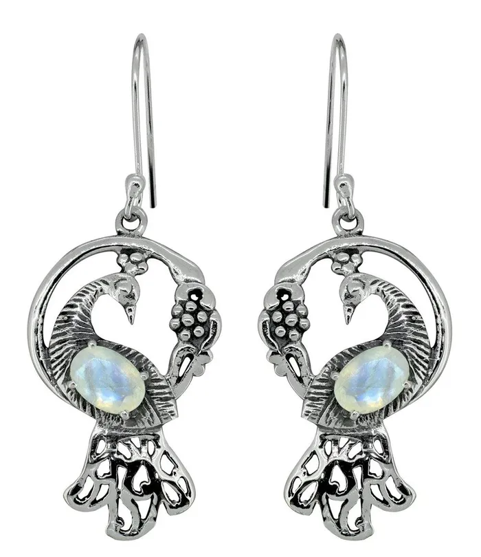 YoTreasure Earrings Moonstone Solid 925 Sterling Silver Peacock Earrings