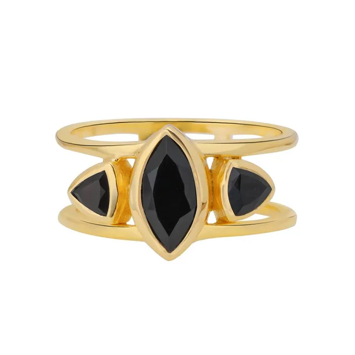 YoTreasure Rings Black Onyx Solid 14K Gold Plated Over 925 Silver 3 Stone Ring YoTreasure Rings Black Onyx Solid 14K Gold Plated Over 925 Silver 3 Stone Ring