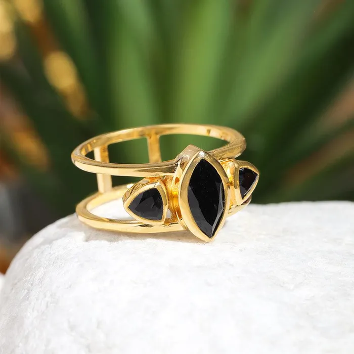 YoTreasure Rings Black Onyx Solid 14K Gold Plated Over 925 Silver 3 Stone Ring