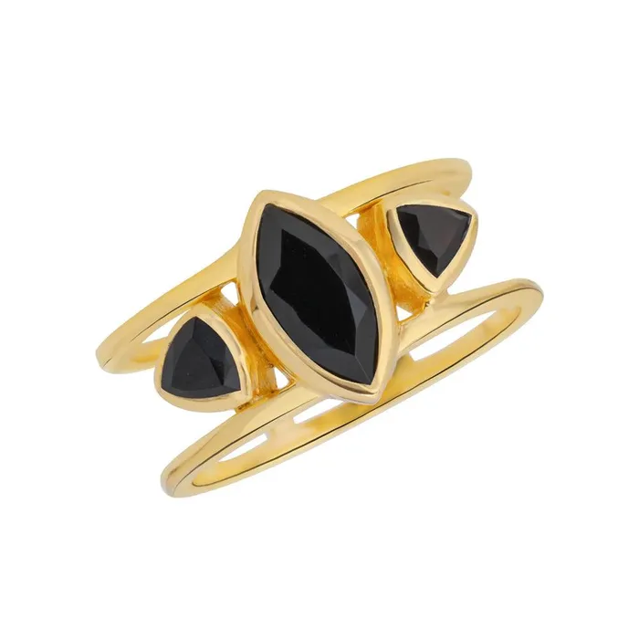 YoTreasure Rings Black Onyx Solid 14K Gold Plated Over 925 Silver 3 Stone Ring