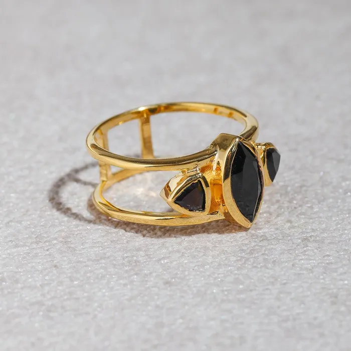 YoTreasure Rings Black Onyx Solid 14K Gold Plated Over 925 Silver 3 Stone Ring