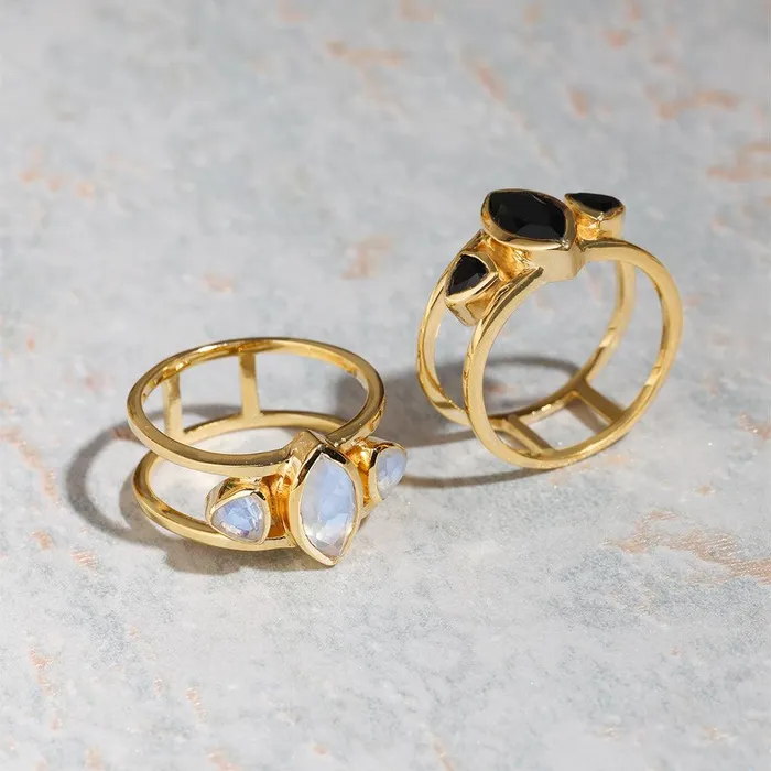 YoTreasure Rings Black Onyx Solid 14K Gold Plated Over 925 Silver 3 Stone Ring