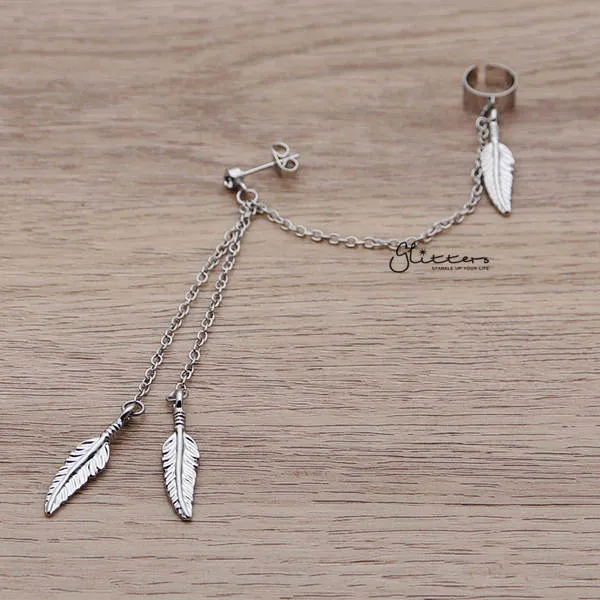 316L Surgical Steel Feather Dangles with Stud Chain Earring with End Clip Glitters Earrings 316L Surgical Steel Feather Dangles with Stud Chain Earring with End Clip Glitters Earrings