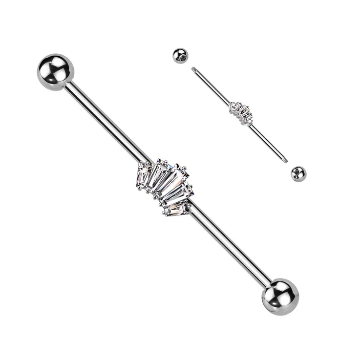 Baguette CZ Crown Industrial Barbell Silver Glitters Rings