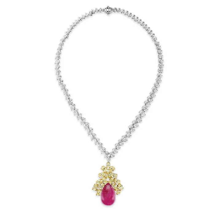 Beauvince Bloom Necklace Earrings Suite 15045 ct Rubies Diamonds in Gold Beauvince Earrings