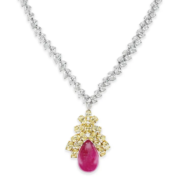 Beauvince Bloom Necklace Earrings Suite 15045 ct Rubies Diamonds in Gold Beauvince Earrings