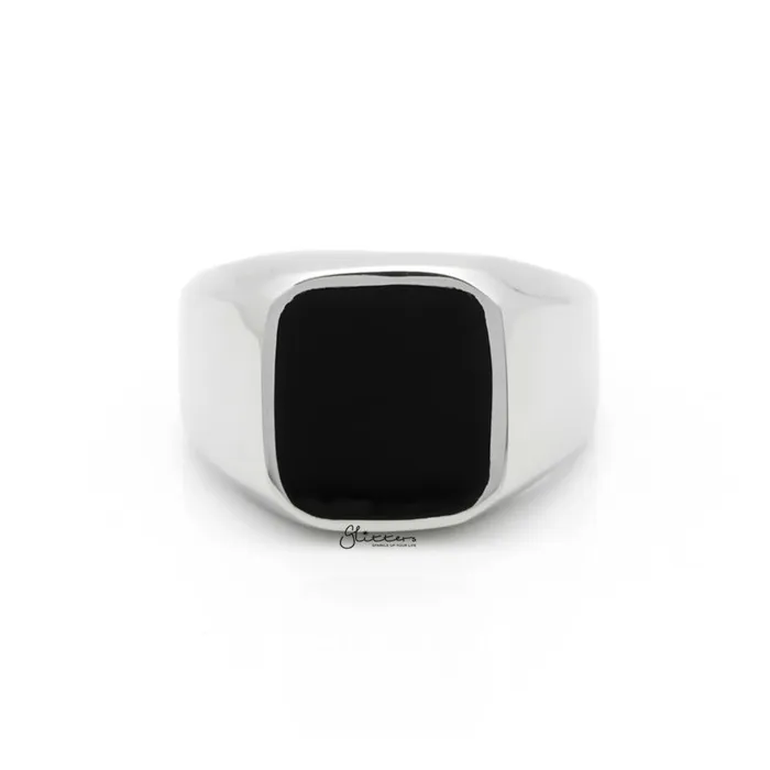 Black Square Flat Top Stainless Steel Signet Ring Silver Glitters Rings